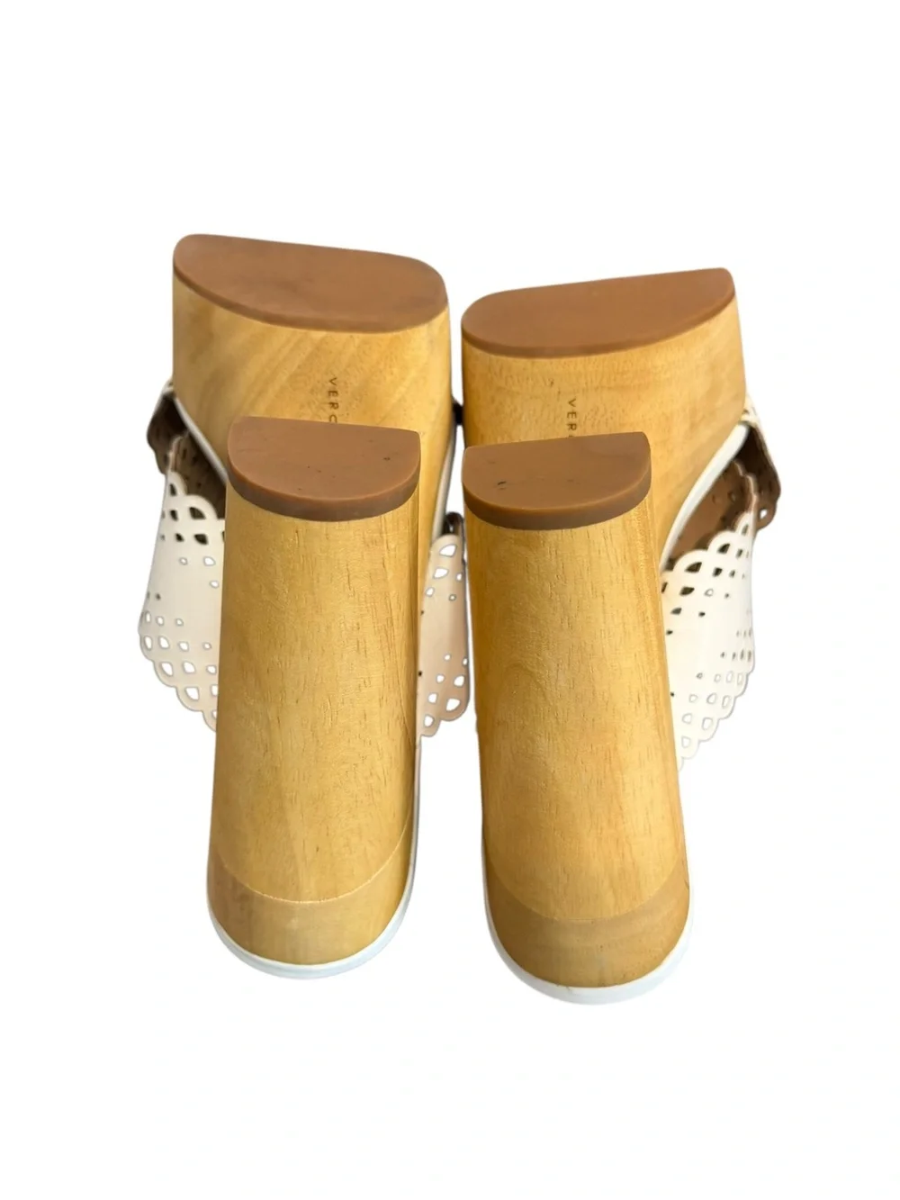 Veronica Beard Gaynor White Scalloped Leather Platform Mule with Wood Heel Clogs